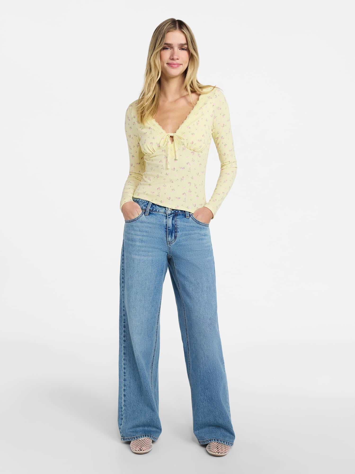 No Boundaries Tie Front Lace Trim Top with Long Sleeves, Women's