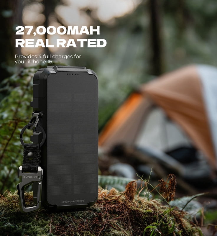 Dexnor Solar Charger Power Bank 27,000mAh, 65W PD3.0 & QC3.0 Fast Charging Powerbank External Battery Pack Portable Wireless Chargers with Flashlight and Carabiner, Compatible with MagSafe & Qi
