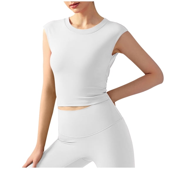 Xfvqtps Women Spring/Summer Yoga Short Sleeved Fixed Chest Cushion Backless Short Sports T-Shirt Waist Tight Fitness Tank Top Sports Bra White
