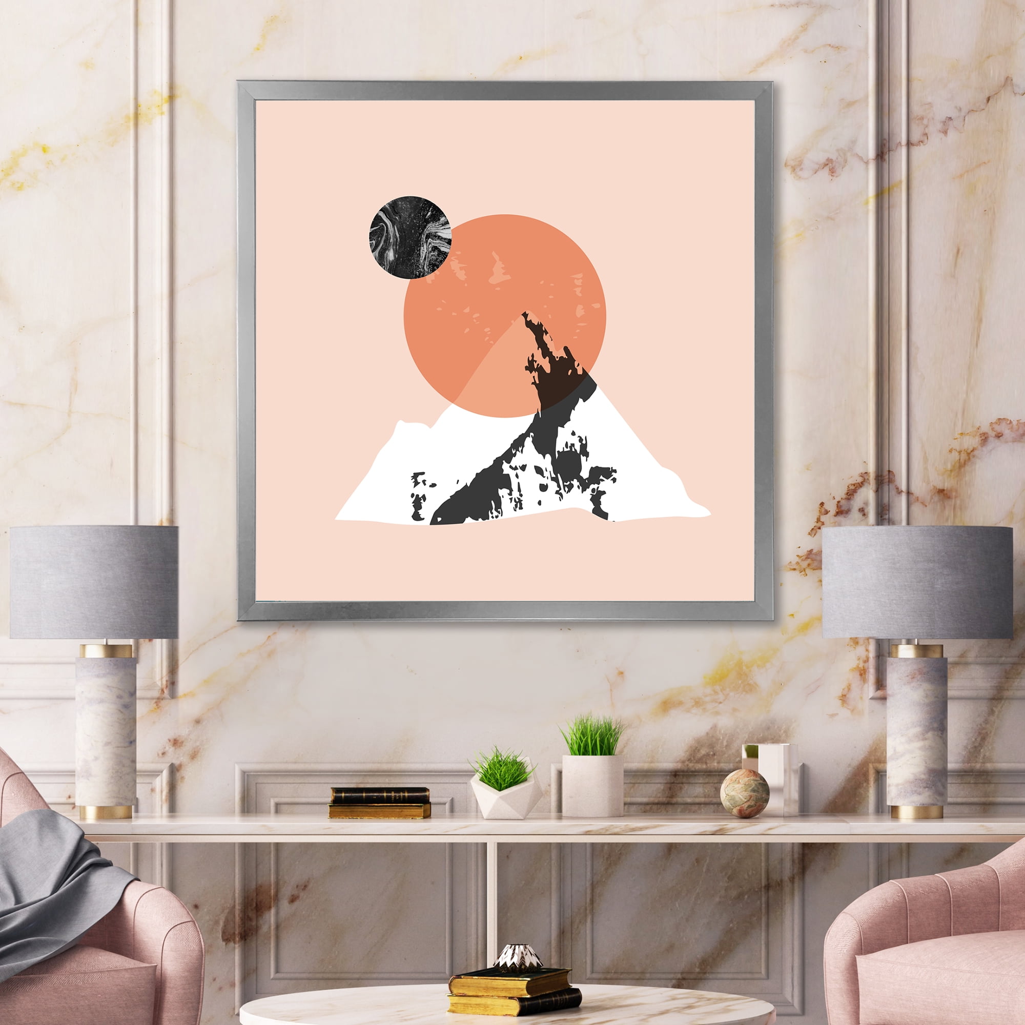 Designart 'Modern Minimalist Mountain Moon and Sun' Modern Framed Art Print