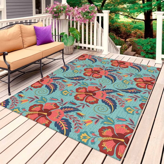 Teal Red Boho Floral Outdoor Rug for Patio/Deck/Porch, Non-Slip Large Area Rug 3 x 5 Ft, Vintage Southwestern Ethnic Tribe Indoor Outdoor Rugs Washable Area Rugs, Reversible Camping Rug Carpet Runner