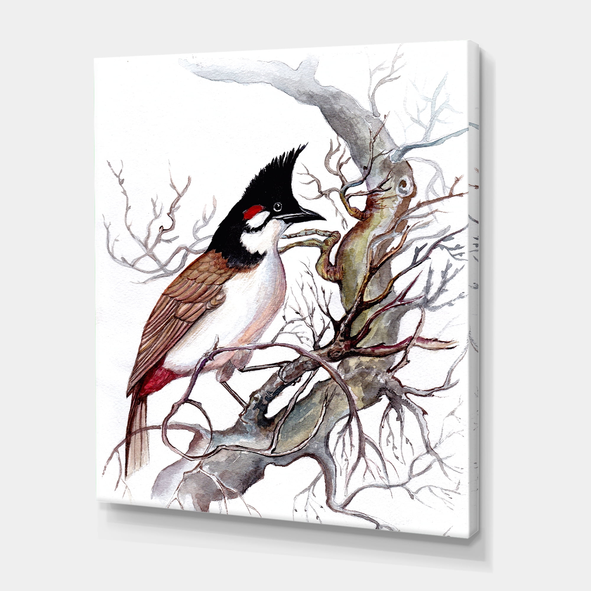Ancient Beautiful Bird On A Branch 24 in x 32 in Painting Canvas Art Print, by Designart