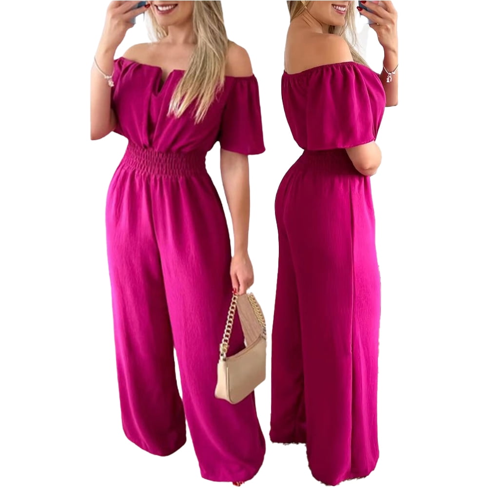 FJUCHAI Women's Casual Jumpsuits Loose Overalls Short Sleeve One Piece Wide Leg Long Pant Rompers With Pockets S-XL