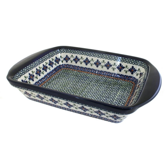 Blue Rose Polish Pottery Mosaic Flower Large Rectangular Baker with Handles