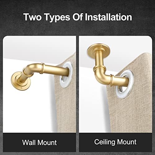 Gold Industrial Curtain Rods for Windows 28 to 48 Inch(2.3 to 4 Feet), 1 Inch Diameter Blackout Wrap Around Adjustable Heavy Duty Window Drapery Rods, Indoor and Outdoor