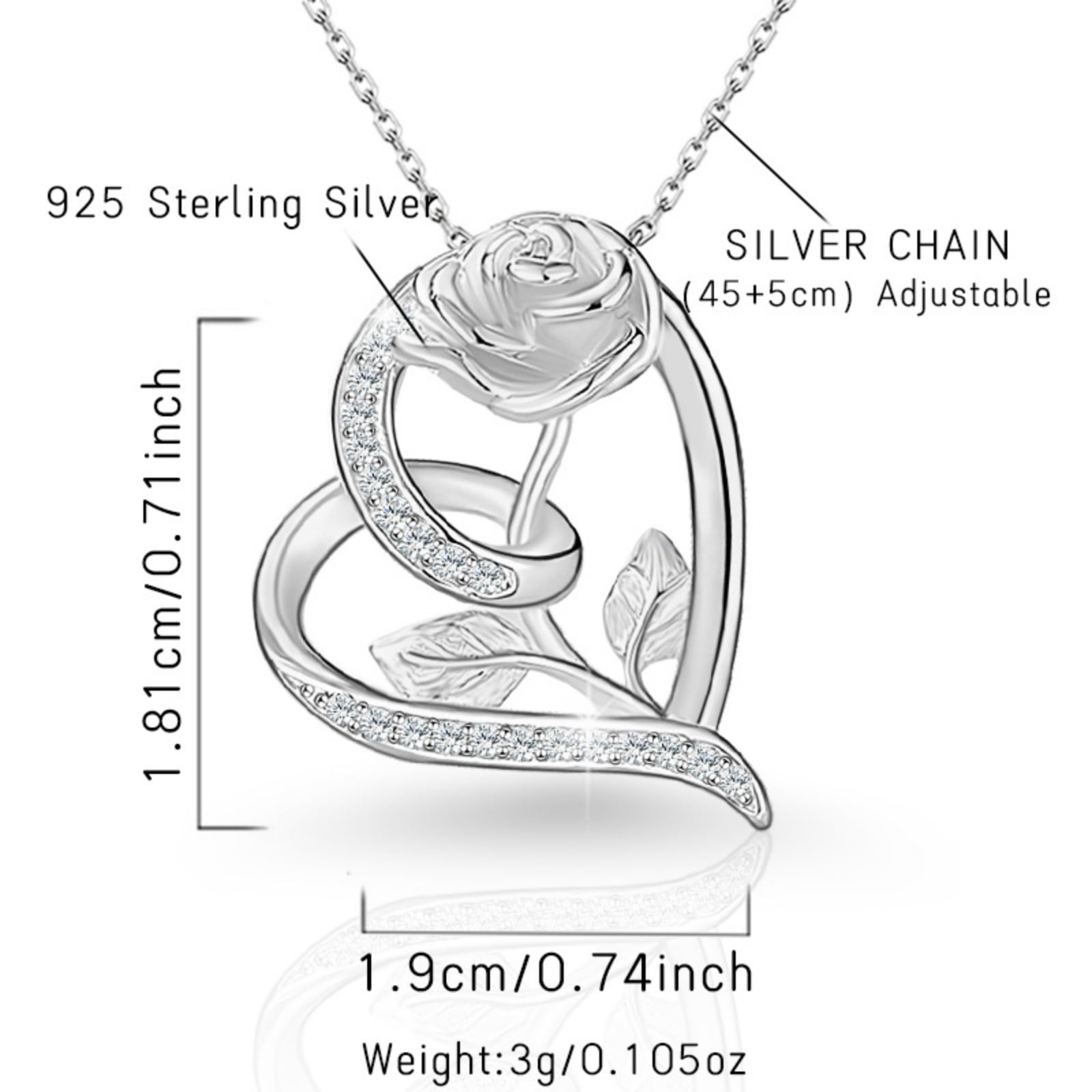 Flydeer Necklaces for Women 925 Sterling Silver Rose Flower Heart Pendant Necklace 5A CZ Valentines Jewelry Gifts for Women