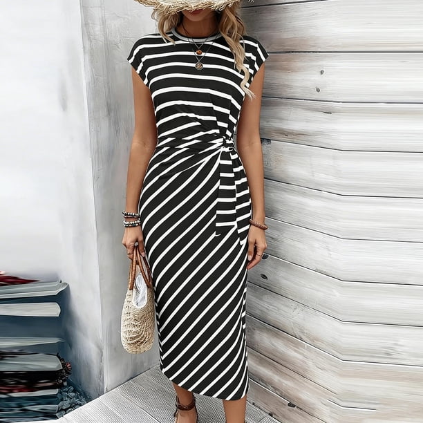 side stripe bodycon dress Maqroz Women's Summer Striped Midi Cap Sleeve Ruched Fitted Pencil Casual Daily Wear Sheath Dress for Work Office Weekend Outing color-family:Blue High Neck Purple Lace Color:Cobalt Blue Gingham Neck Bodycon Mini Dress