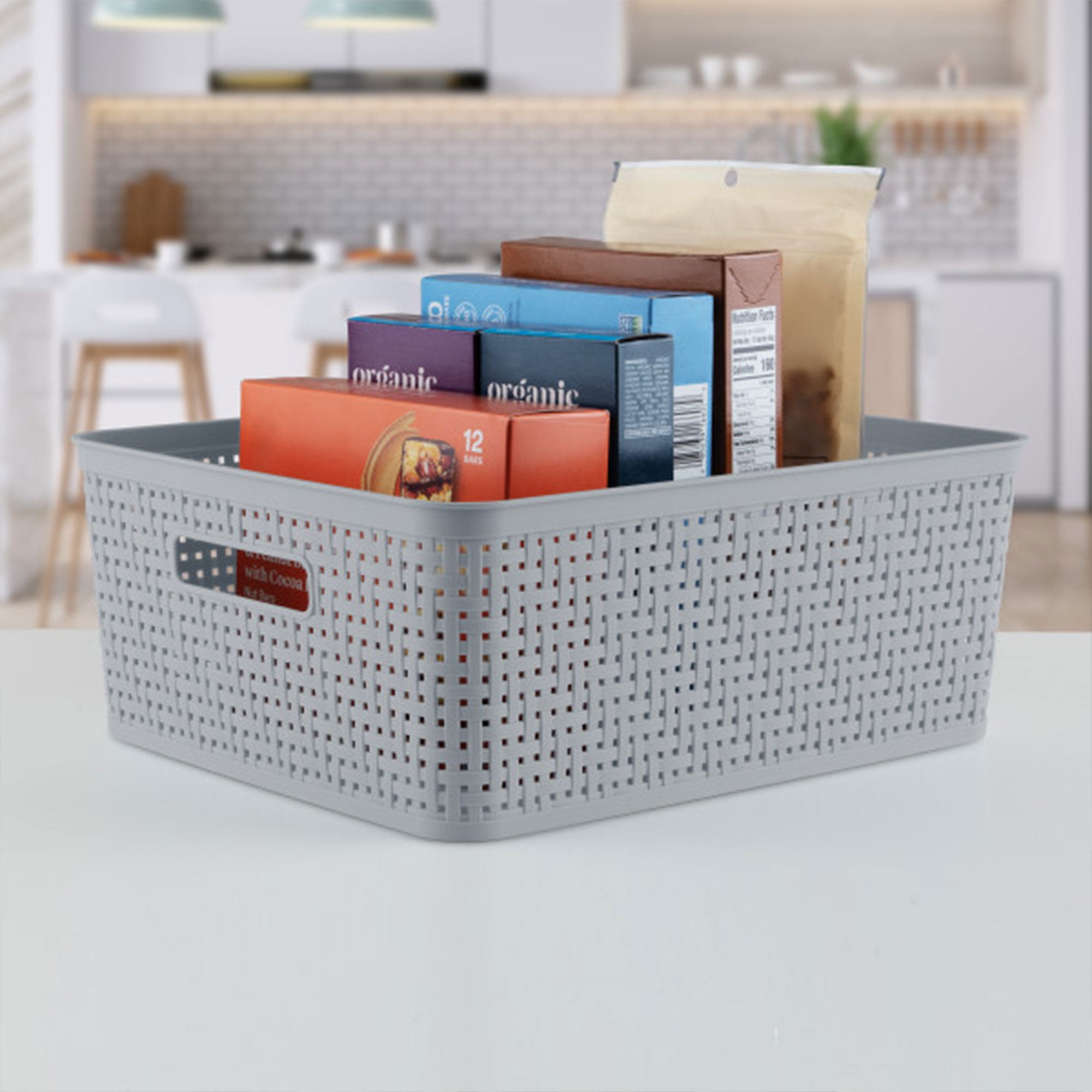 Sterilite 14 x 11.5 x 5'' Woven Plastic Storage Basket Organizers, Cement, 6 Pack