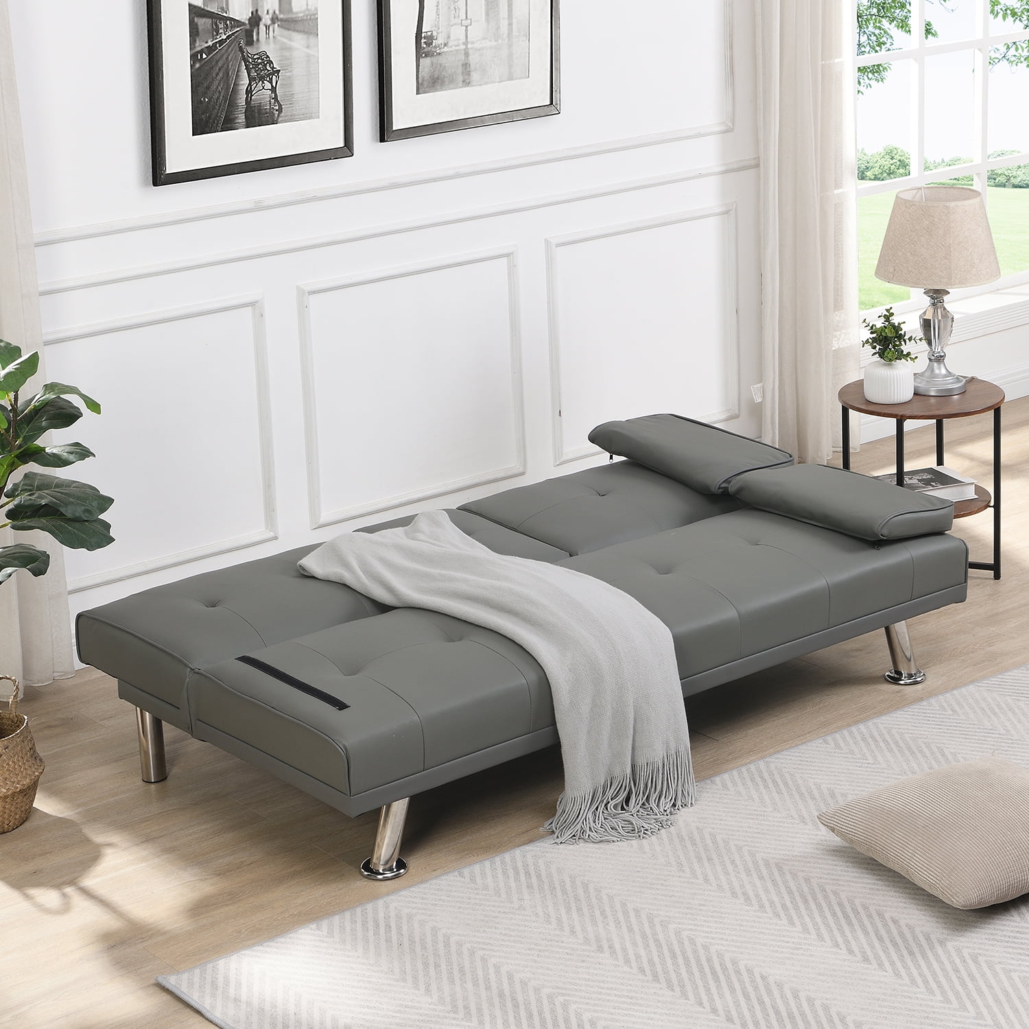 Kadyn Futon Sofa, Mid Century Sofa Bed with Armrest, Leather Futon for Office, Gray Kadyn Futon Sofa, Mid Century Sofa Bed with Armrest, Leather Futon for Office, Gray