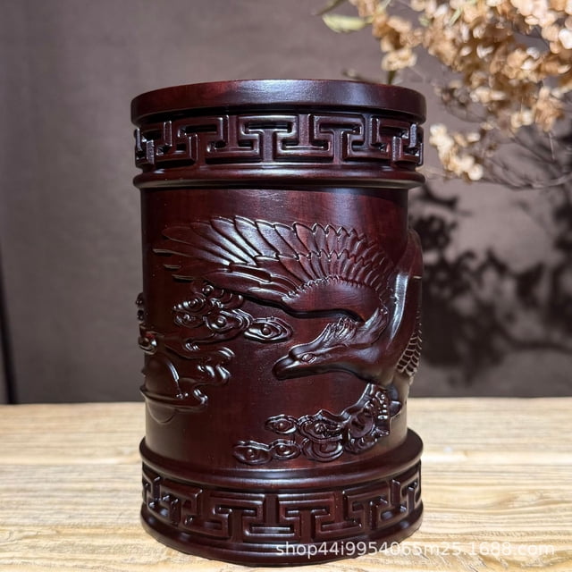 Rosewood pen holder, carved from ebony wood, symbolizing smooth sailing, solid wood pen holder craft, student desktop storage ornament.