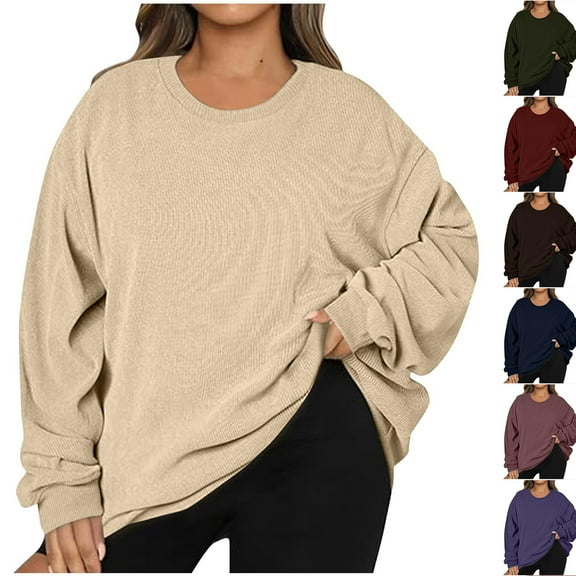 Horkkom Plus Size Sweatshirts for Women Loose Crew Neck Oversized Sweatshirt Warm Corduroy Pullover Sweatshirts Brown L