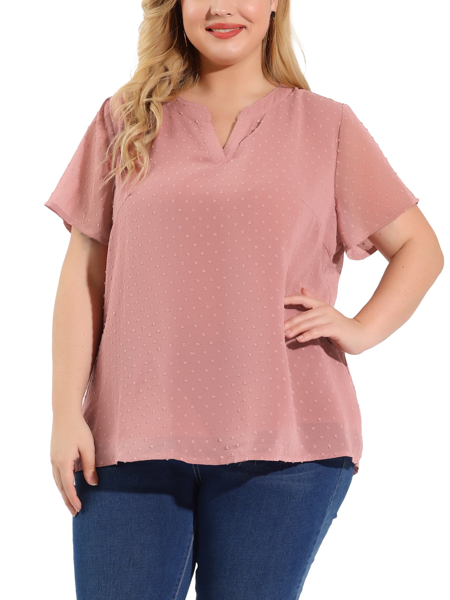 Unique Bargains Women's Plus Size Outfits Fashion Solid Pin Dots V Neck Top 4X Pink