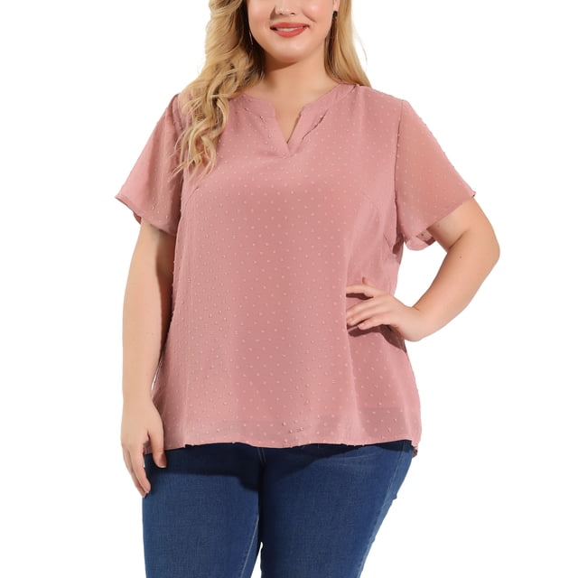 Women's Plus Size Blouses Pin Dots Round Neck Cute Basic Top Pink 2X