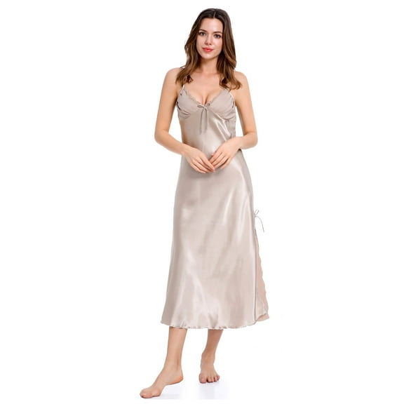 CurveBay Women's Satin Nightgown Silk Slip Dress Sleepwear Deep V Neck Adjustable Spaghetti Strap Chemise Lingerie Sexy Nightwear