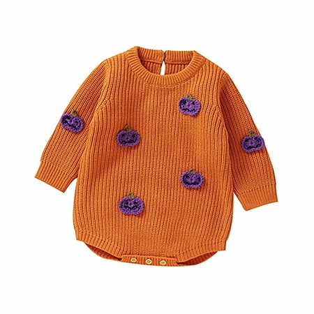 

Newborn Infant Baby Girls Boys Crewneck Halloween Outfits Long Sleeve Pumpkin Romper Knitted Sweater Bodysuit Jumpsuit 3-6 Months