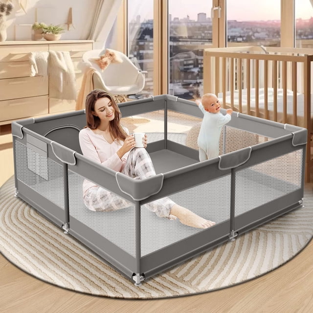 Baby Playpen XVISHX Playard para interiores y exteriores, gris, 127 x 127 cm