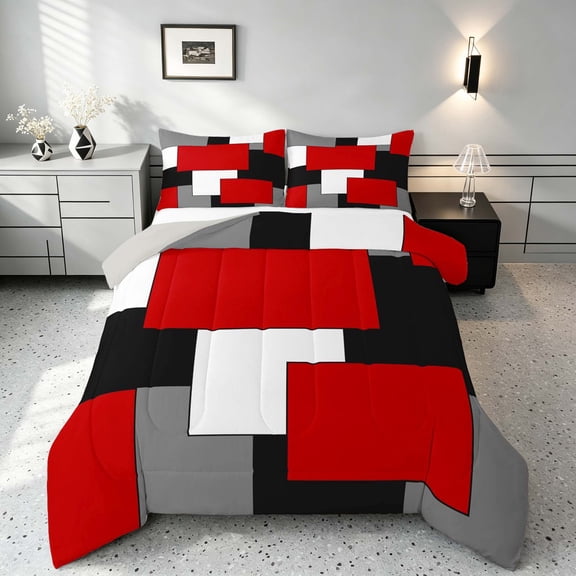 Manfei Bold Red Geometric Full Size Comforter Sets, Abstract Buffalo Bedding Comforter Set, Black White Red Gray, Gray Reversible 3pcs, 1 Comforter and 2 Pillowcases