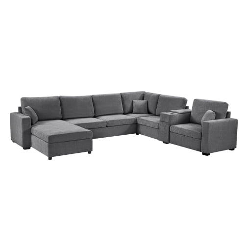 134" U-Shape Modular Sectional Sofa, 5-Seat Couch with Chaise Lounge, Deep Seat, Built-In Cup Holders, Storage Drawer and Pillows, Grey