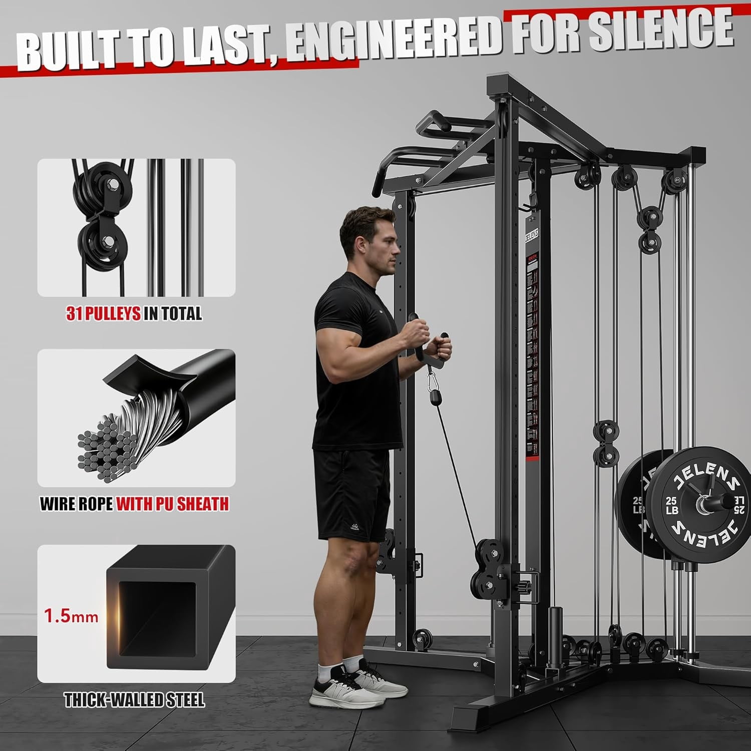 Fitness Cable Crossover Machine,Functional Trainer with High and Low Pulley System for Chest Fly, LAT Pulldown and Seated Cable Row Machine, Smith Machine with Cable Crossover for Home Gym