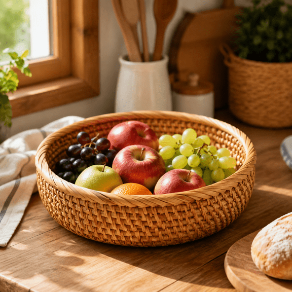 Large Round Basket - Rattan Wicker Basket – Bread, Fruit and Vegetable Storage Holder & Potato Storage Bin - Fruit Baskets for Kitchen Counter 8.07" x 8.07" x 2.56"