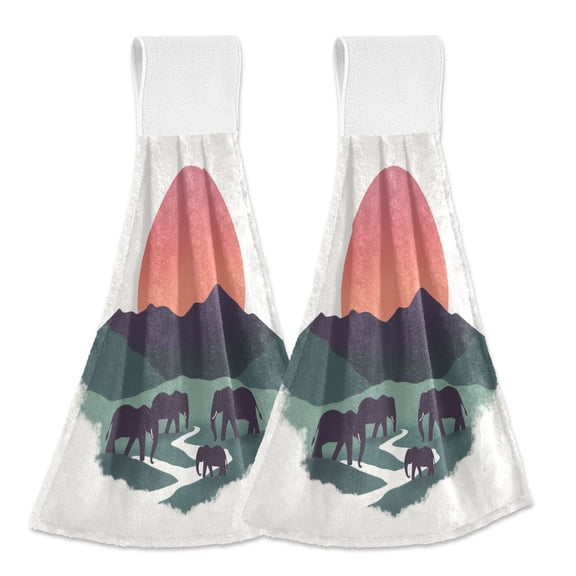 Yayeee Kitchen Hanging Hand Towels Set of 2 with Loop Bathroom Absorbent Tie Towel, Abstract Elephant