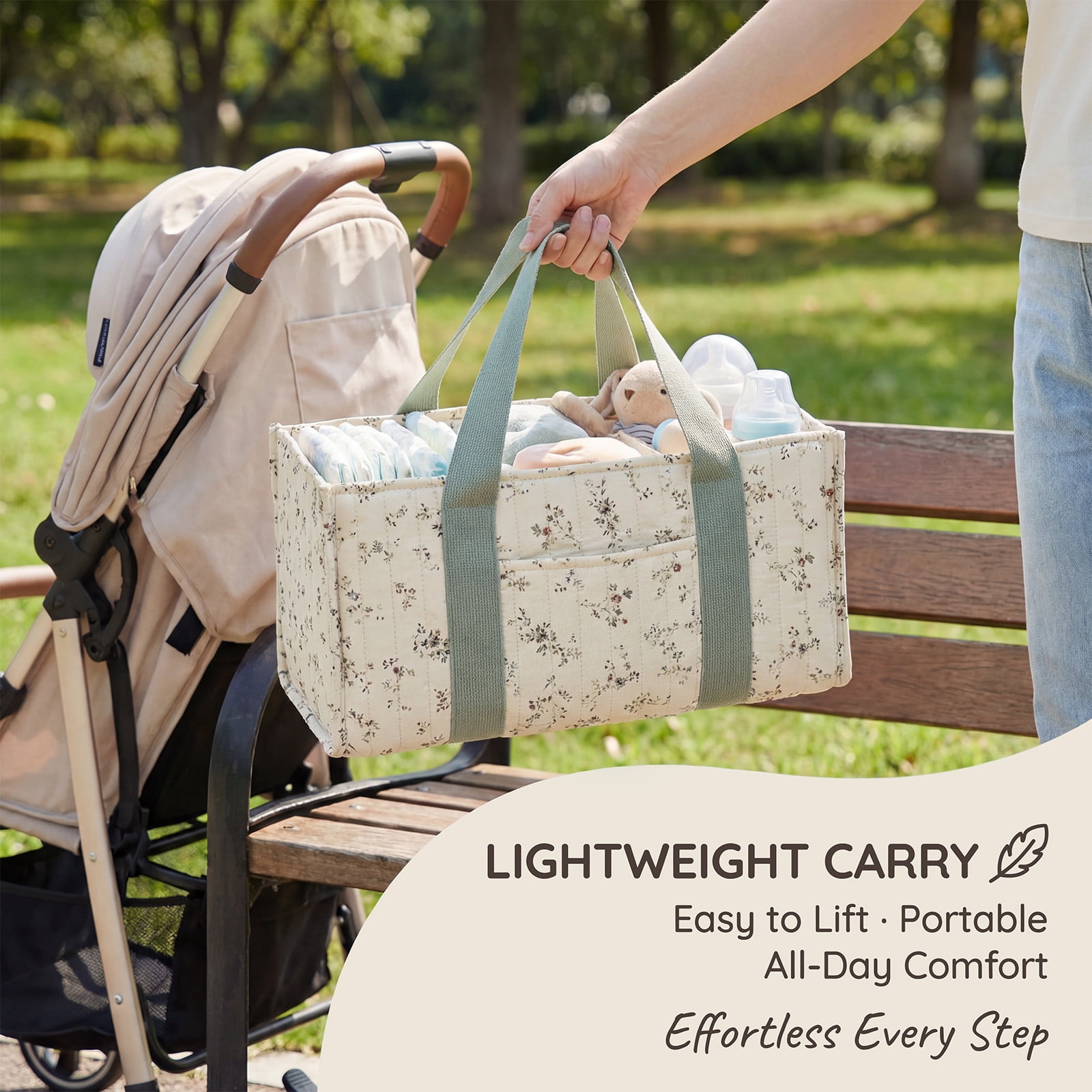 Ikoopy Floral Diaper Caddy Organizer Stylish Nursery Storage Basket Present for Baby Shower Newborn Essential Floral Beige Green