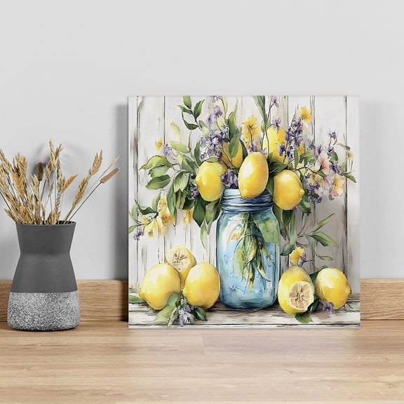 Rustic Lemon Vases Wall Art Painting on Canvas, Vintage Botanical Wooden Canvas Art Home Prints Wall Art Framed Modern Artwork for Living Room Bedroom Wall Decor 8x8in