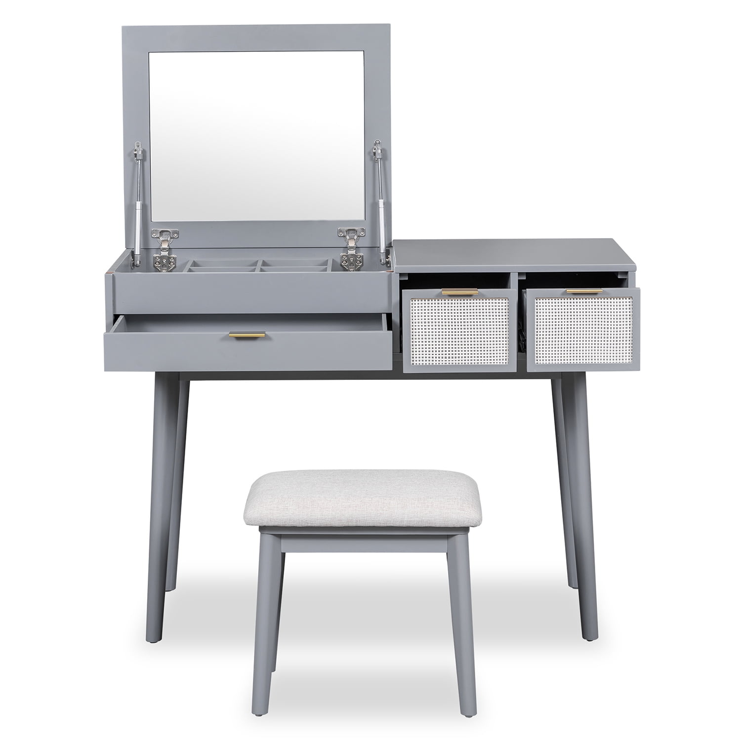 Resenkos 43.3" Classic Wood Makeup Vanity Set with Flip-top Mirror and Stool, Dressing Table with 3 Drawers, Gray Resenkos 43.3" Classic Wood Makeup Vanity Set with Flip-top Mirror and Stool, Dressing Table with 3 Drawers, Gray