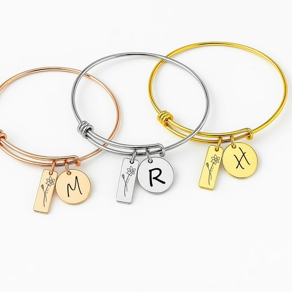 Personalized Initial Bracelet with Birth Flower - Handmade Rose Gold Bracelet For Women Birth Month - Trending Mother's Day Gift for Mom, Custom Floral Jewelry - December Birthday Gifts for Women