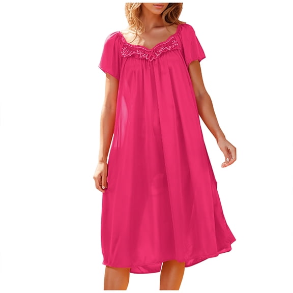 HomeGardon Nightgowns for Women,Summer Dresses Women's Solid Color Short-sleeved Loose Ice Silk Lace Home Dress Nightdress