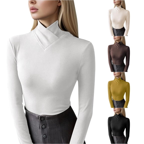 uvwlwu Women's Neck Base Layer Tops, Cross Wrap Turtleneck, Slim Fitted Fit, Ribbed Texture, for Cool Days and Cozy Layering,L