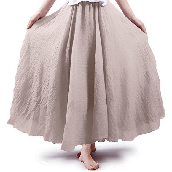 ASHER FASHION Women's Bohemian Style Elastic Waist Band Cotton Linen Long Maxi Skirt Dress (95CM, Beige)