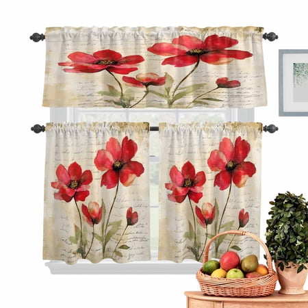 Pastoral Floral Kitchen Curtains Valances 3 Piece Set Country Red Flowers Oil Painting Rod Pocket Tier Curtain and Valance Drapes for Small Window 36 Inch Length for Bedroom Cafe