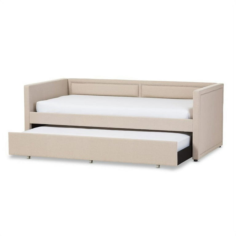 Baxton Studio Raymond Modern and Contemporary Grey Fabric Nail Heads Trimmed Sofa Twin Daybed with Roll-Out Trundle Guest Bed Baxton Studio Raymond Modern and Contemporary Grey Fabric Nail Heads Trimmed Sofa Twin Daybed with Roll-Out Trundle Guest Bed