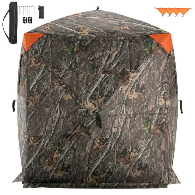 KFFKFF Hunting Shelter with a 270° view, designed for 1-2 individuals. Features a camouflage pattern for effective concealment, three flat horizontal windows for wide visibility, and a durable waterproof fabric. Includes a spring-loaded frame, silent entry zipper door, and a compact foldable design for portability. Comes with a transport sack, rust-proof ground stakes, stretch ropes, and warning cloths for safety. Ideal for hunting in jungles, wetlands, or snowfields.