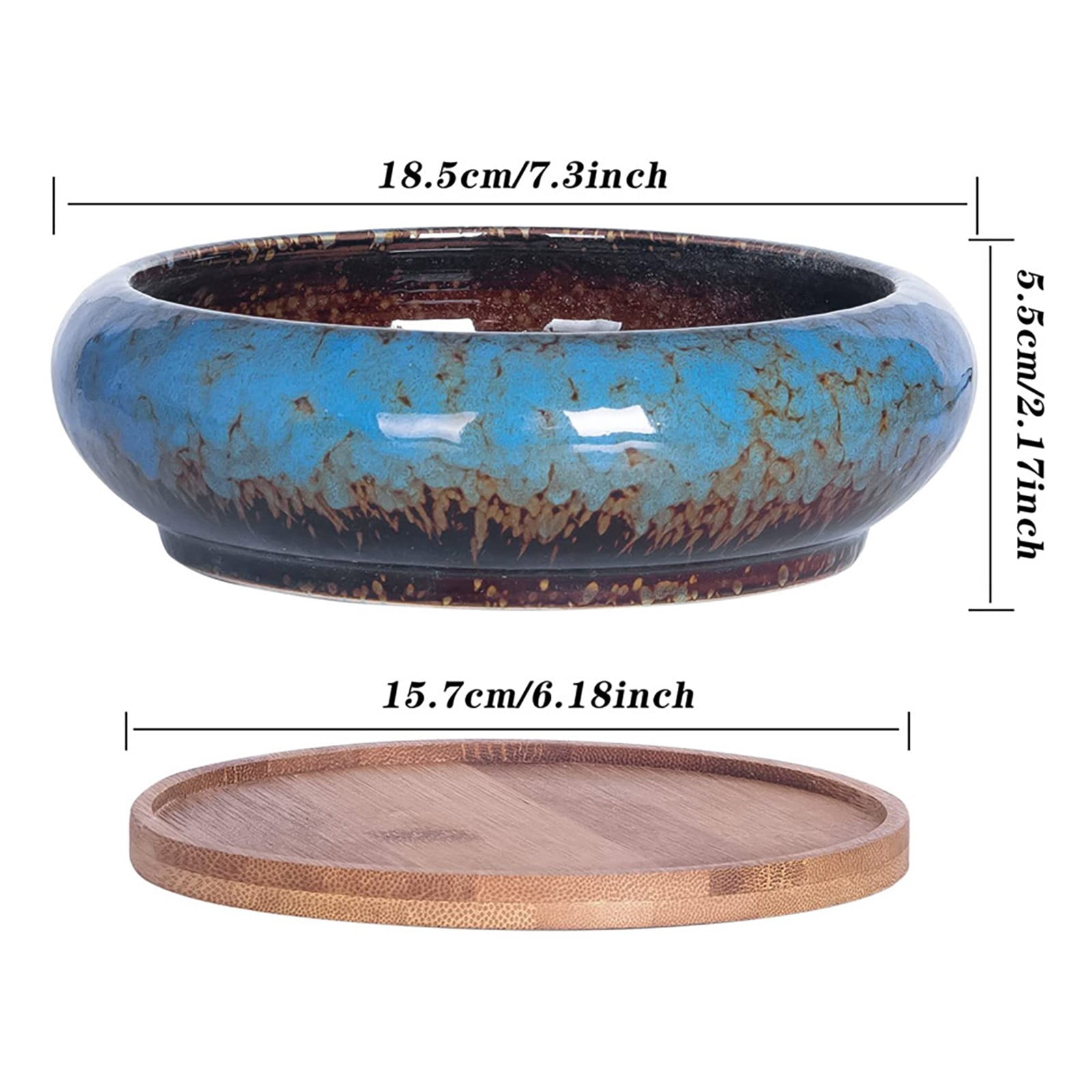 Succulent Pots - 7.3 Inch Large Plant Pot, Ceramic Bonsai Pot with Drainage Tray Shallow Planters for Indoor Succulents Glazed Cactus Flower Plant Container