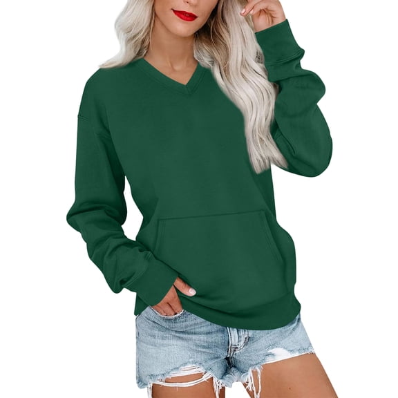 Nestiefly V Neck Sweatshirt Women with Pockets Casual Plain Comfort Hoodless Hoodies Cozy Fleece Pullover Sweatshirts No Hood Dark Green XL