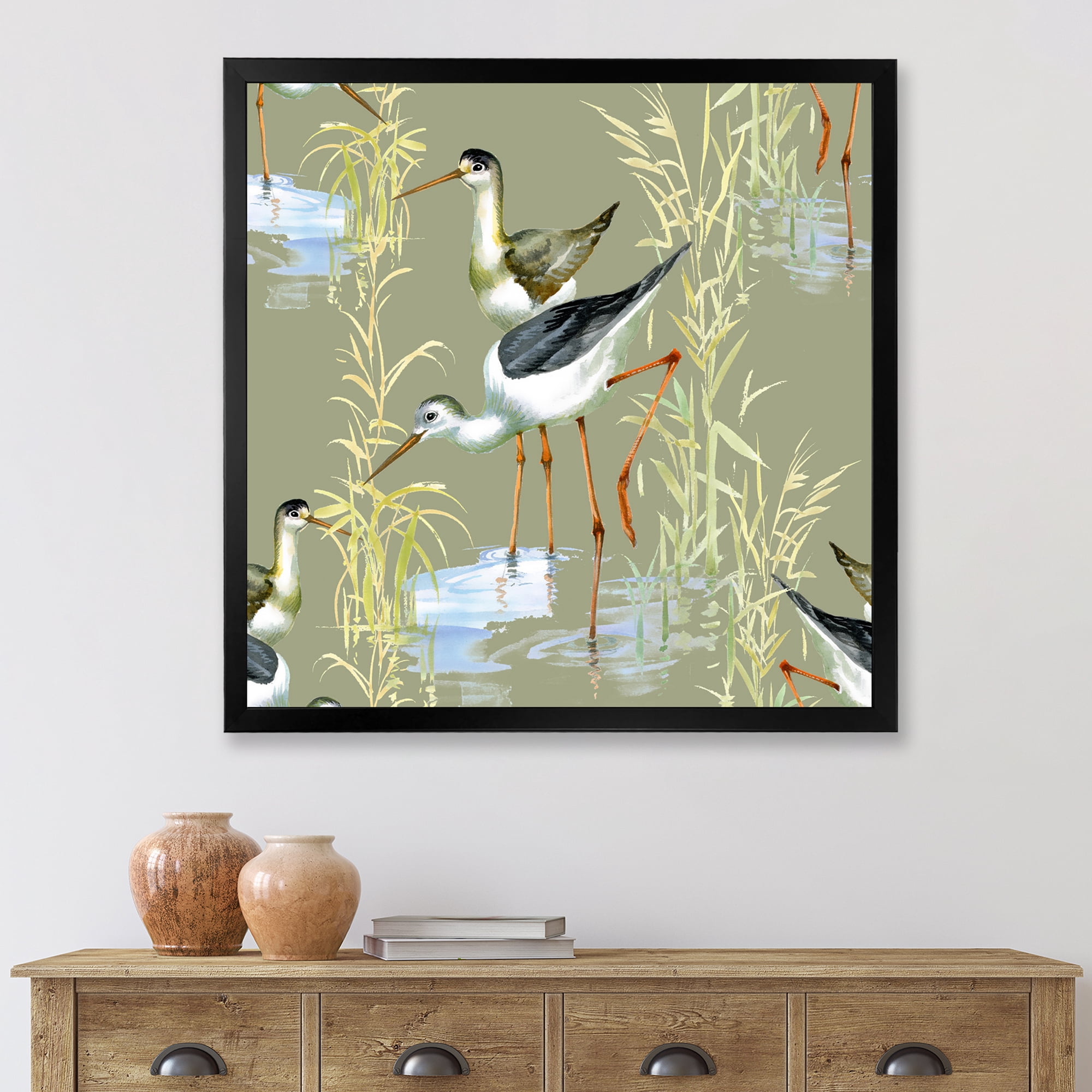Designart 'Herons Birds In The Gray Water' Farmhouse Framed Art Print