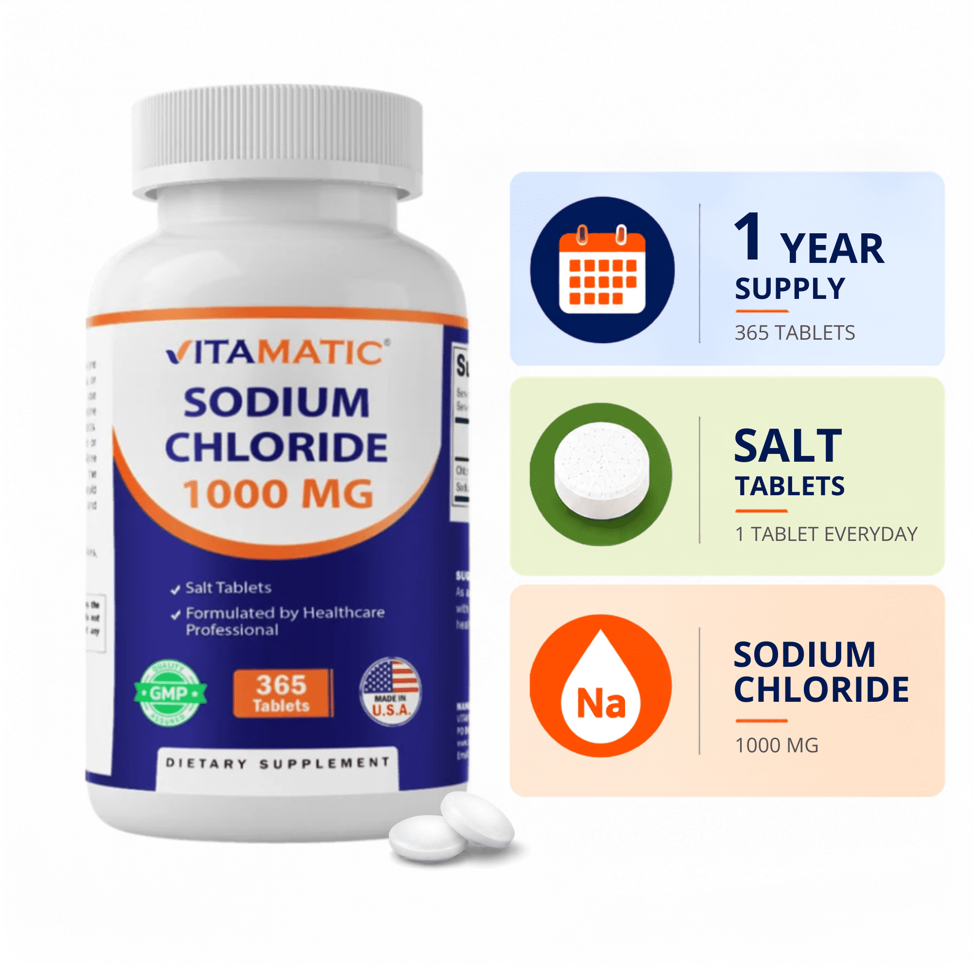 Vitamatic Sodium Chloride 1000mg, 365 Tablets - Electrolytes Replenisher Hydration Drink