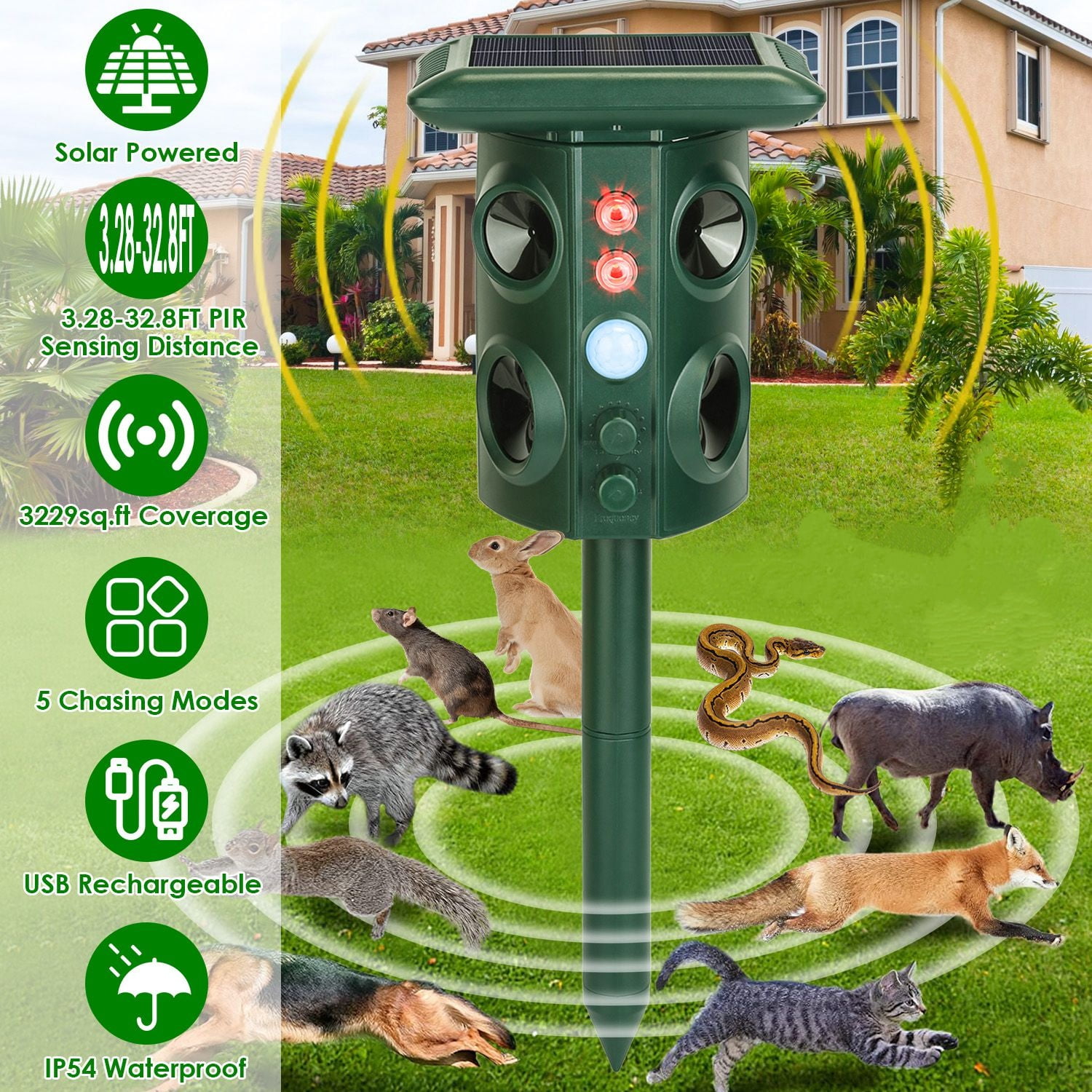 Solar Ultrasonic Animal Repeller with PIR Motion Sensor USB Rechargeable Garden Pest Deterrent Waterproof Outdoor Device Repels Rodents Birds Snakes Raccoons for Yard Farm Patio Lawn