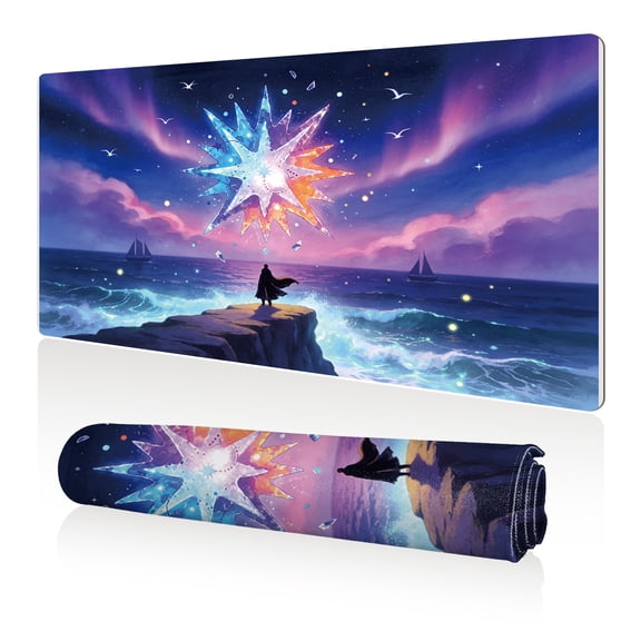 LIVEKEY Mouse Pad 80x40x0.3cm Crystal Star over Ocean with Figure on Cliff Extra Large Full Desk Coverage Non Slip Durable Easy Clean Stitched Edges for Gaming and Office