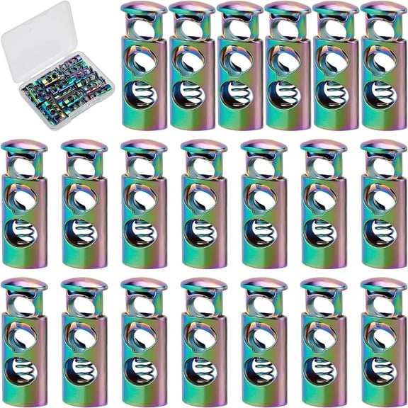 1 Box 20Pcs Alloy Cord Locks Double Hole Metal Toggle Spring Stopper End Loaded Stop Sliding Cord Fastener Locks String Buttons for Drawstrings Shoestrings Sweatpants Backpacks Rainbow colorful