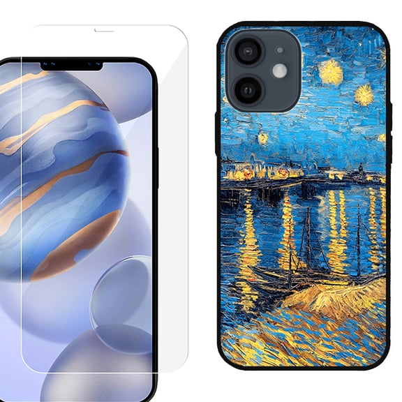 Slim-Fit Protective Phone Case (Black) compatible with iPhone 12 / iPhone 12 Pro, with Tempered Glass Screen Protector, by OneToughShield ® - Starry Night Rhone