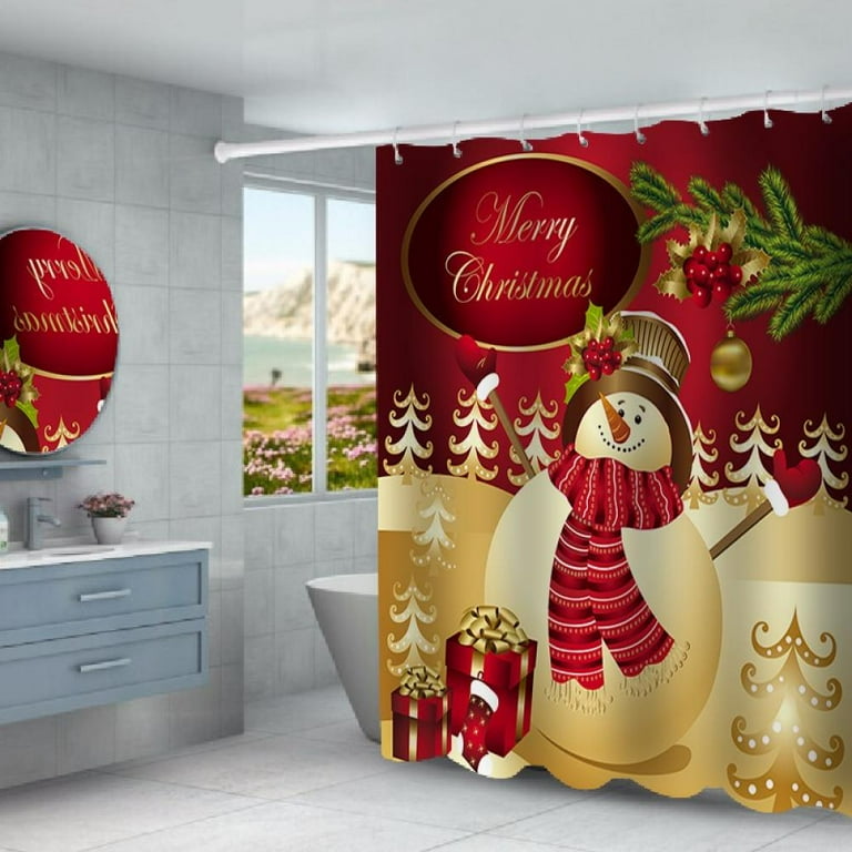 4Pcs Merry Christmas Shower Curtain Set with Non-Slip Rug, Toilet