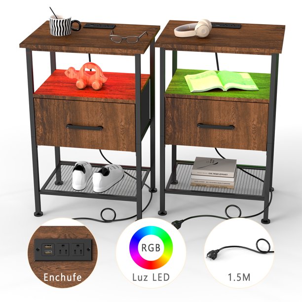 2 mesitas de noche Café Con enchufe y Luz LED Con cajón Tiene 2 puertos USB Tamaño 39cm29cm61cm