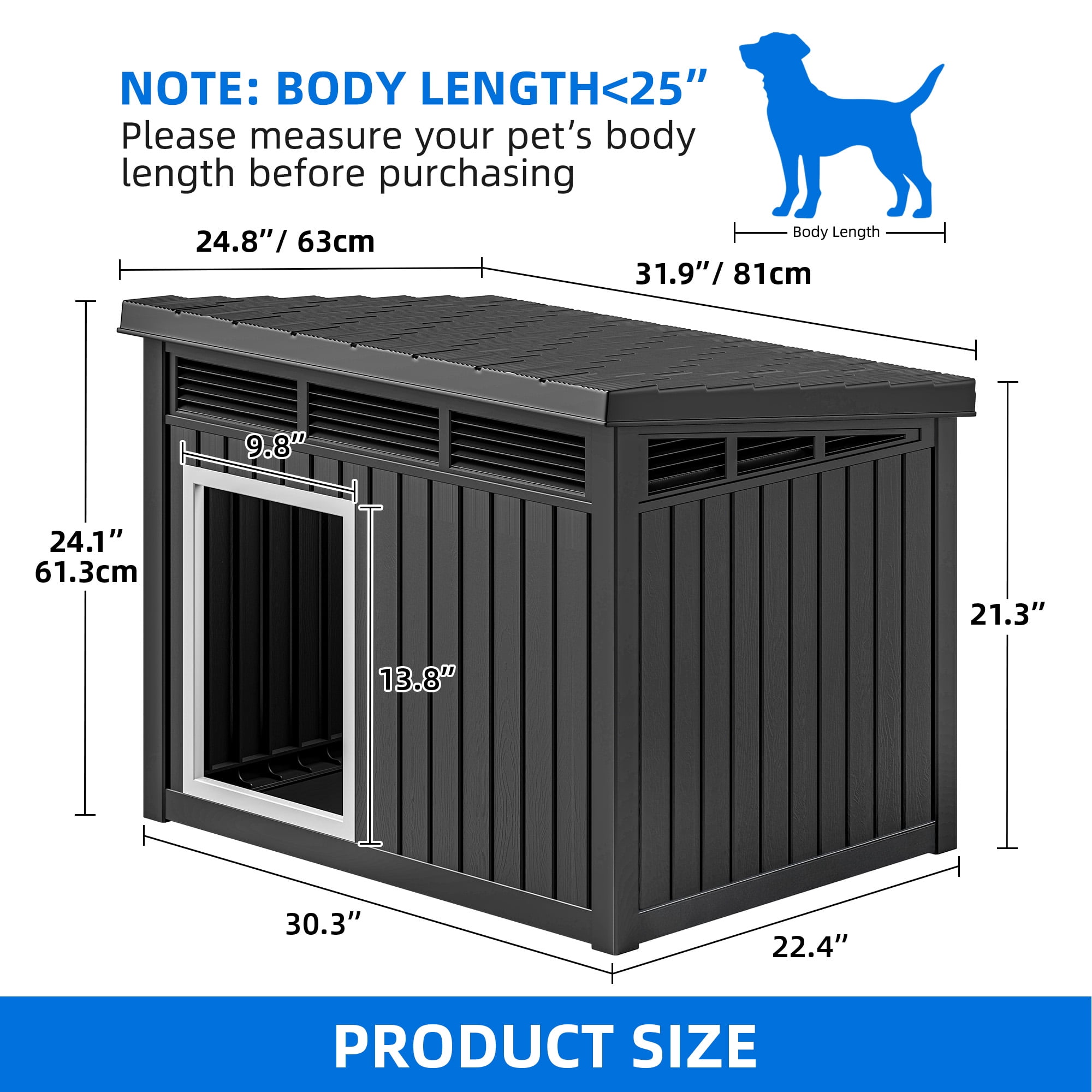 Dextrus Plastic Dog House with Lift-Up Sloping Roof,Indoor & Outdoor Dog Kennel,Waterproof & Ventilated,Black,31.9"D x 24.8"W x 24.1"H