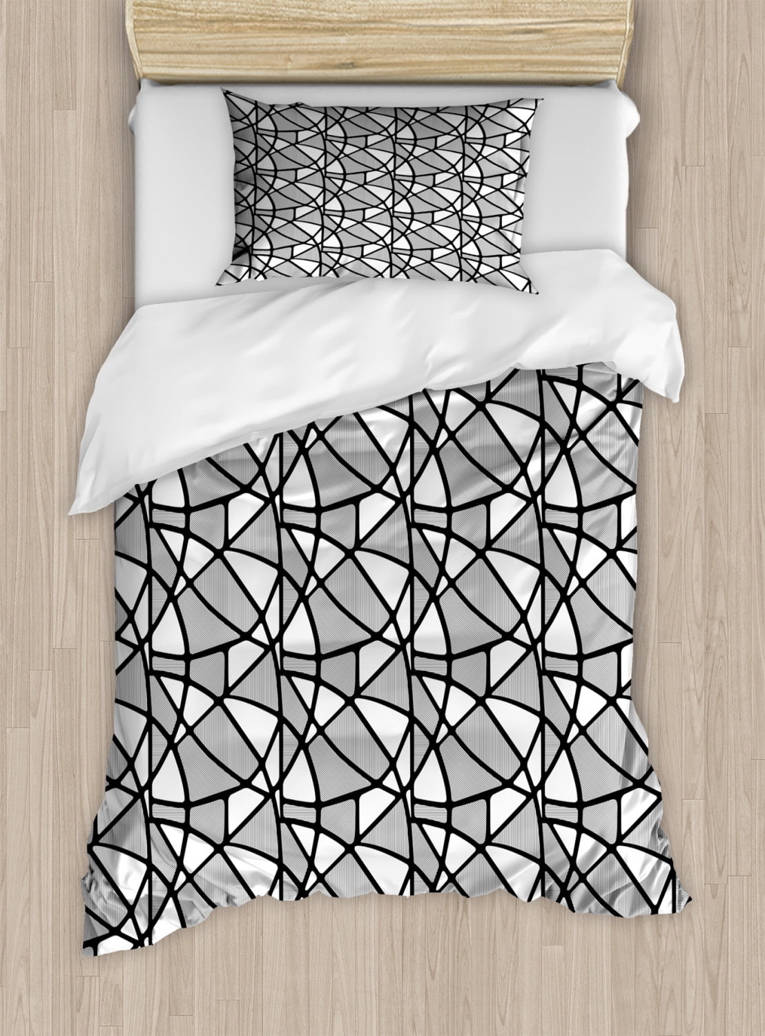 Black and White Twin Size Duvet Cover Set, Geometrical Pattern with