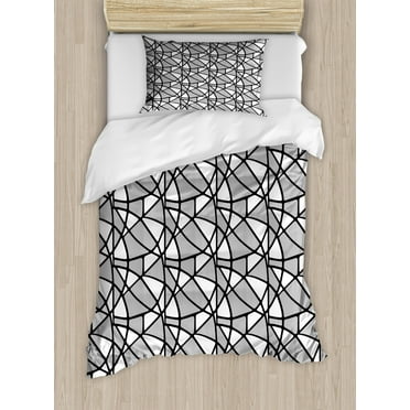 Black and White Twin Size Duvet Cover Set, Geometrical Pattern with Abstract Design Thick and Thin Lines Tile, Decorative 2 Piece Bedding Set with 1 Pillow Sham, Black and White, by Ambesonne