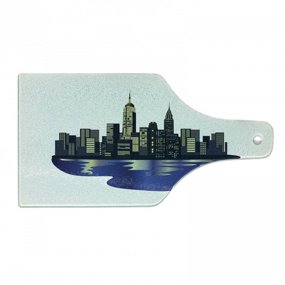 NYC Cutting Board, Modernistic Metropolitan City Skyline New York Night Skyscrapers Theme Empire State, Decorative Tempered Glass Cutting and Serving Board, in 3 Sizes, by Ambesonne