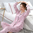 thumbnail image 1 of Conjunto de pijama de manga larga holgado de algodón puro para mujer, cuello de solapa, adecuado para ropa exterior del hogar, otoño, 1 of 5
